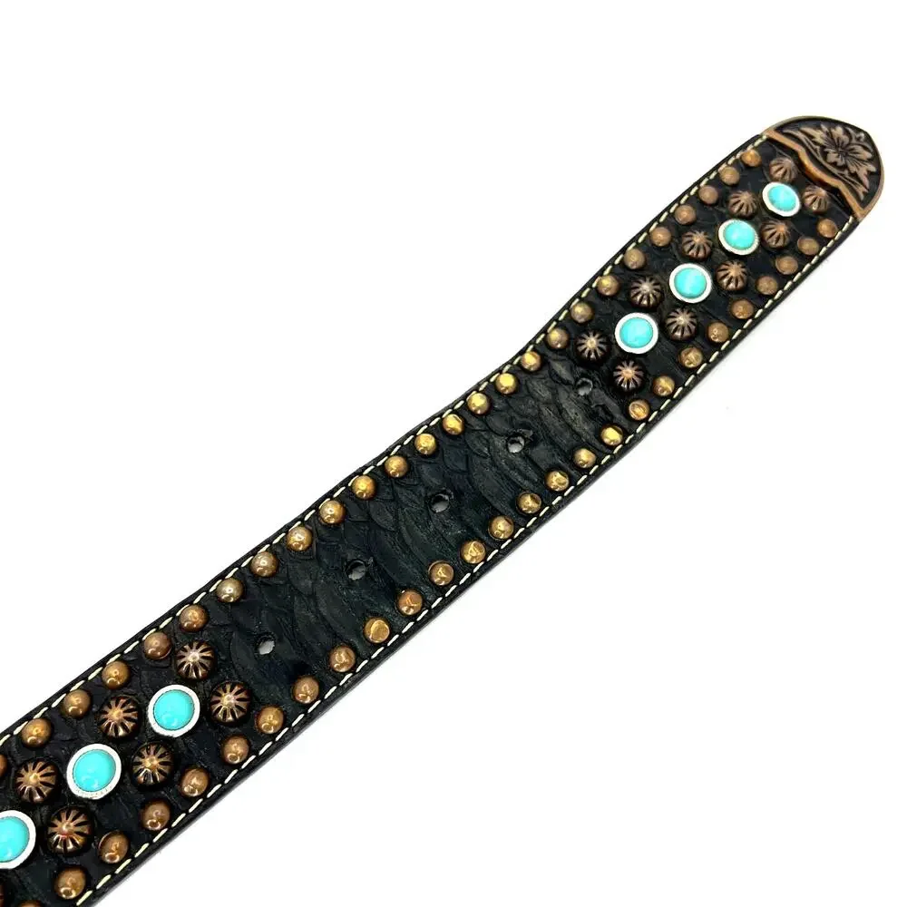 Western Studded Belt Large Buckle Turquoise Copper Studs Croc Embossed